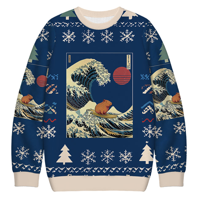 Uglysweatershops Capybara Surfing Christmas Ugly Sweatshirt