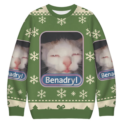 Uglysweatershops Green Psychedelic Cat Christmas Ugly Sweatshirt