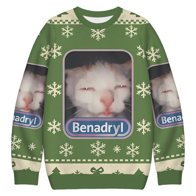 Uglysweatershops Green Psychedelic Cat Christmas Ugly Sweatshirt
