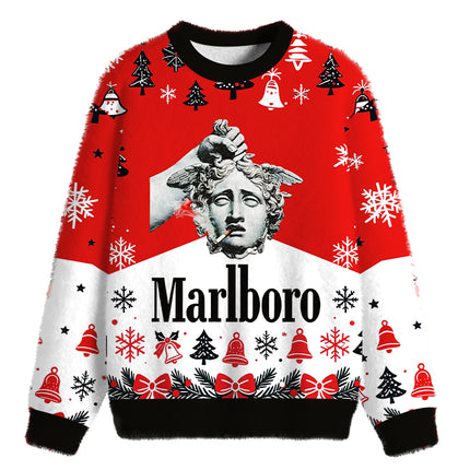Uglysweatershops Holding Head of Medusa Smoking Fuzzy Christmas Ugly Sweatshirt
