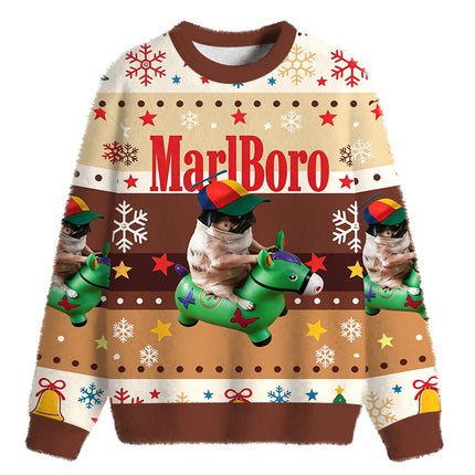Uglysweatershops Pug Smoking Riding Horse Fuzzy Christmas Ugly Sweatshirt