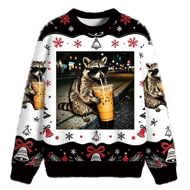 Uglysweatershops Racoon with a Ice Coffee Fuzzy Christmas Ugly Sweatshirt