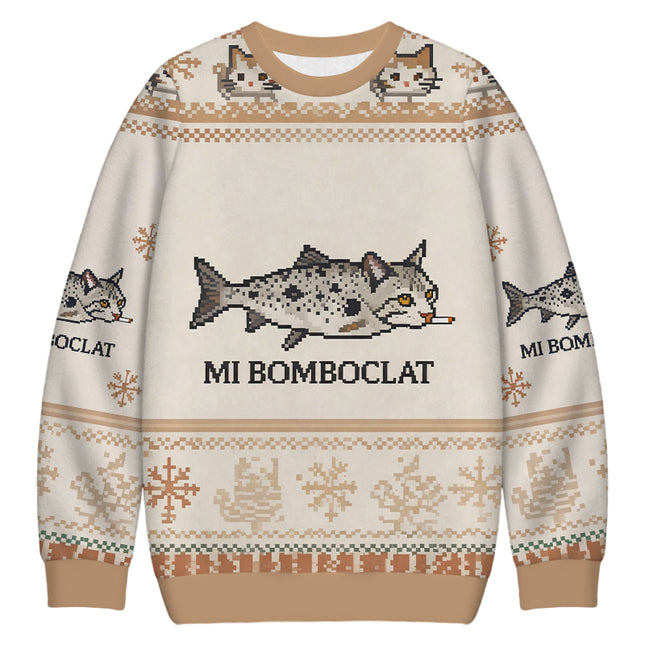 Uglysweatershops Bomboclat Fish Cat Meme Christmas Ugly Sweatshirt