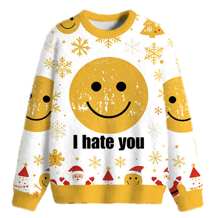 Uglysweatershops I Hate You Smiley Face Fuzzy Christmas Ugly Sweatshirt