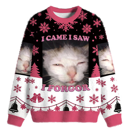Uglysweatershops I Forgor Funny Cat Meme Fuzzy Christmas Ugly Sweatshirt