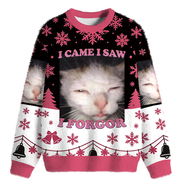 Uglysweatershops I Forgor Funny Cat Meme Fuzzy Christmas Ugly Sweatshirt