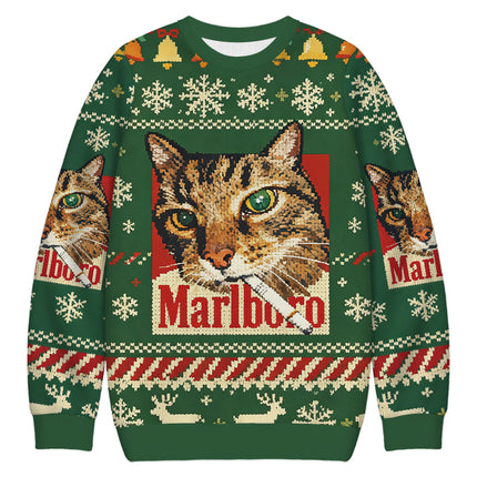 Uglysweatershops Funny Smoking Cat Green Christmas Ugly Sweatshirt