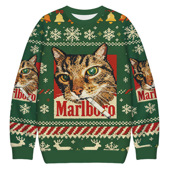 Uglysweatershops Funny Smoking Cat Green Christmas Ugly Sweatshirt
