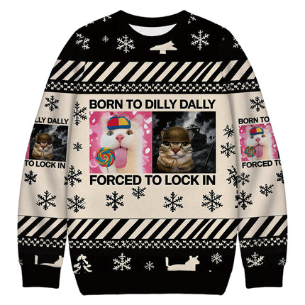 Uglysweatershops Born to Dilly Dally Funny Cat Meme Christmas Ugly Sweatshirt
