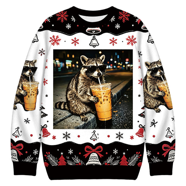 Uglysweatershops Racoon with a Ice Coffee Christmas Ugly Sweatshirt