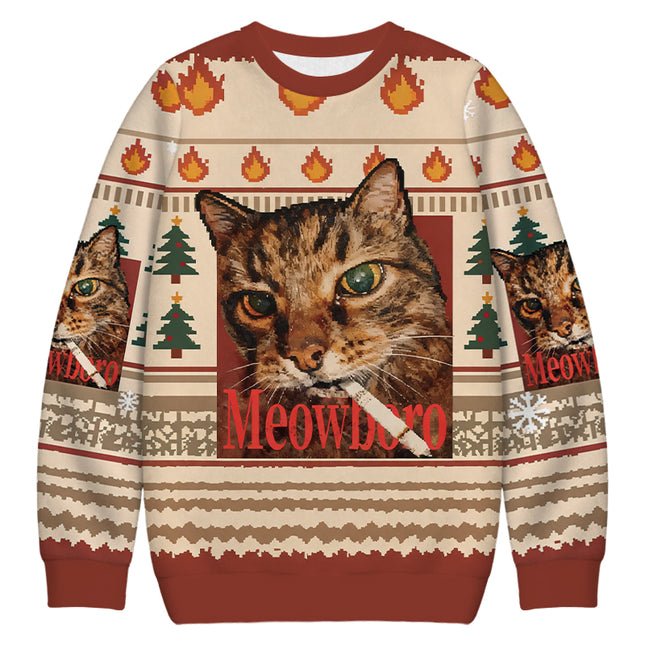 Uglysweatershops Meowlboro Smoking Cat Funny Christmas Ugly Sweatshirt