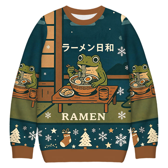 Uglysweatershops Japanese Frog Eating Ramen Christmas Ugly Sweatshirt