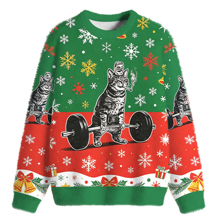 Uglysweatershops Funny Deadlift Cat Fuzzy Christmas Ugly Sweatshirt