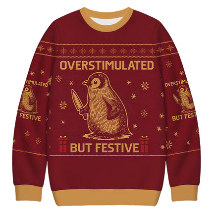 Uglysweatershops Penguin Overstimulated but Festive Christmas Ugly Sweatshirt