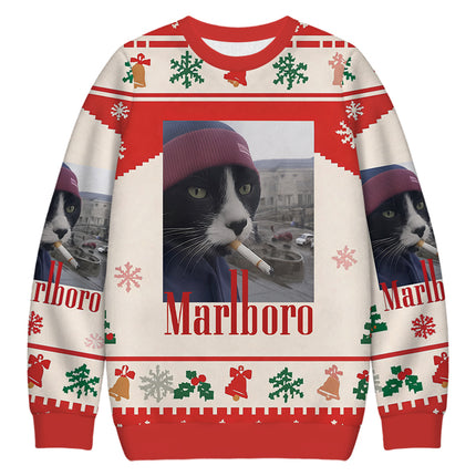 Uglysweatershops Red Smoking Cat Meme Christmas Ugly Sweatshirt