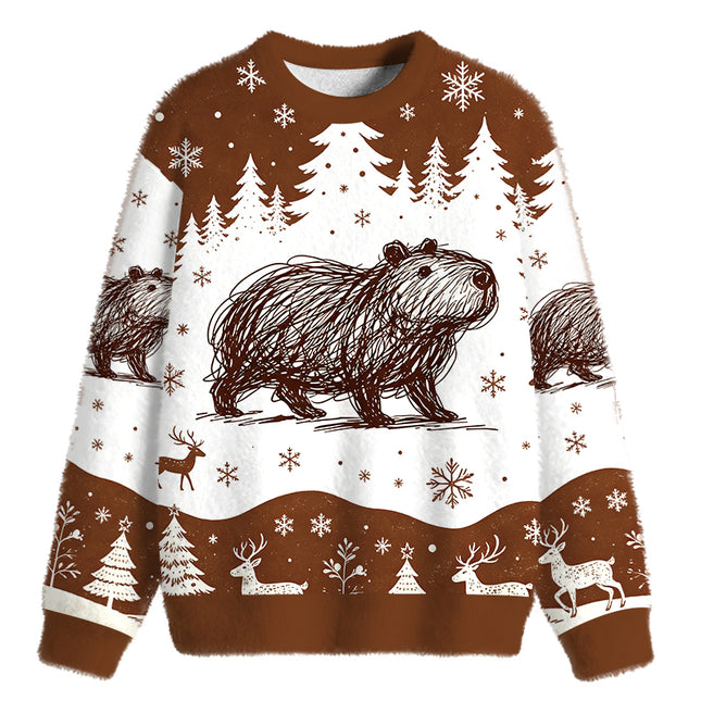 Uglysweatershops Minimalist Capybara Fuzzy Christmas Ugly Sweatshirt