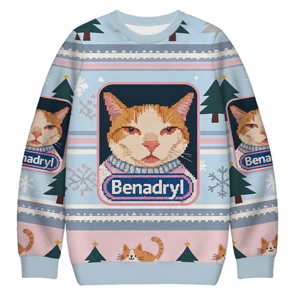 Uglysweatershops Pink Drowsy Cat Meme Funny Christmas Ugly Sweatshirt