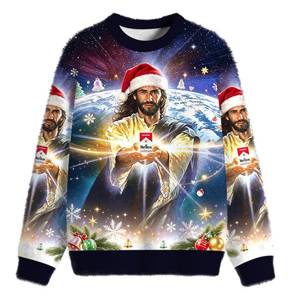 Uglysweatershops Jesus Holding a Cigarette Fuzzy Christmas Ugly Sweatshirt