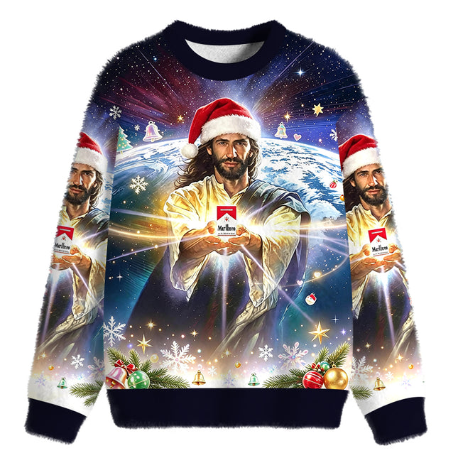 Uglysweatershops Jesus Holding a Cigarette Fuzzy Christmas Ugly Sweatshirt