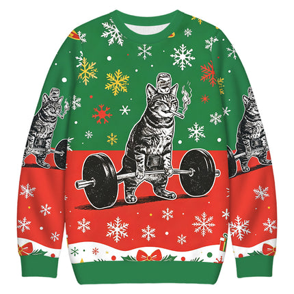 Uglysweatershops Funny Deadlift Cat Christmas Ugly Sweatshirt
