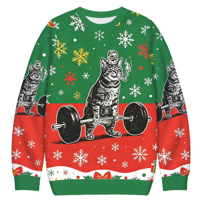 Uglysweatershops Funny Deadlift Cat Christmas Ugly Sweatshirt