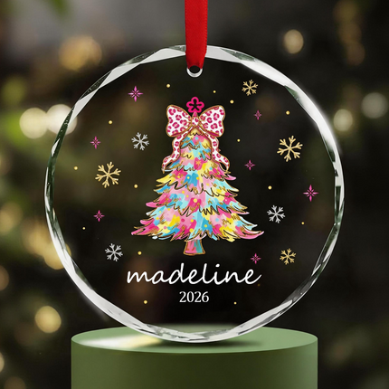 Uglysweatershops Pink Leopard Bow Colorful Personalized Christmas Tree Ornament
