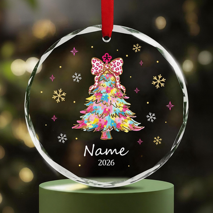 Uglysweatershops Pink Leopard Bow Colorful Personalized Christmas Tree Ornament