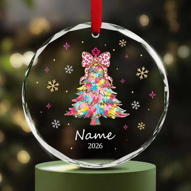Uglysweatershops Pink Leopard Bow Colorful Personalized Christmas Tree Ornament