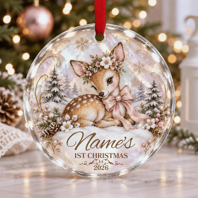 Uglysweatershops Floral Fawn Winter Scene Personalized Christmas Tree Ornament