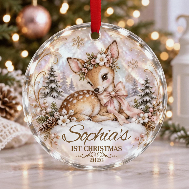 Uglysweatershops Floral Fawn Winter Scene Personalized Christmas Tree Ornament