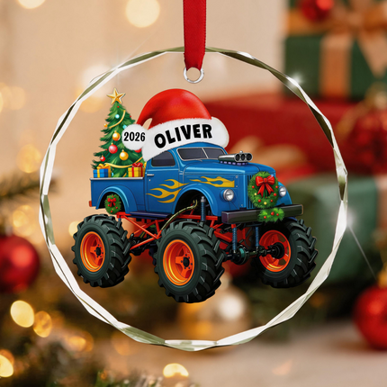 Uglysweatershops Blue Monster Truck Personalized Christmas Tree Ornament