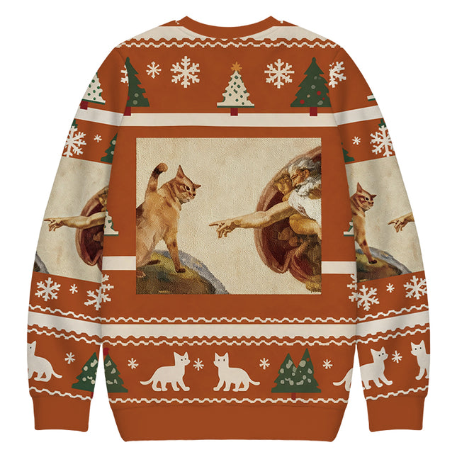 Uglysweatershops Cat God Creation Of Adam Meme Christmas Ugly Sweatshirt