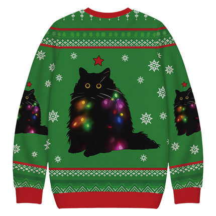 Uglysweatershops Lights Cat Green Christmas Ugly Sweatshirt