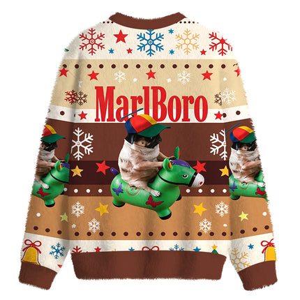 Uglysweatershops Pug Smoking Riding Horse Fuzzy Christmas Ugly Sweatshirt