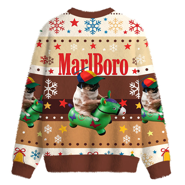 Uglysweatershops Pug Smoking Riding Horse Fuzzy Christmas Ugly Sweatshirt