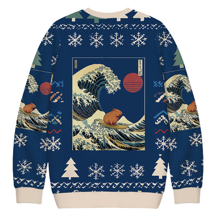 Uglysweatershops Capybara Surfing Christmas Ugly Sweatshirt