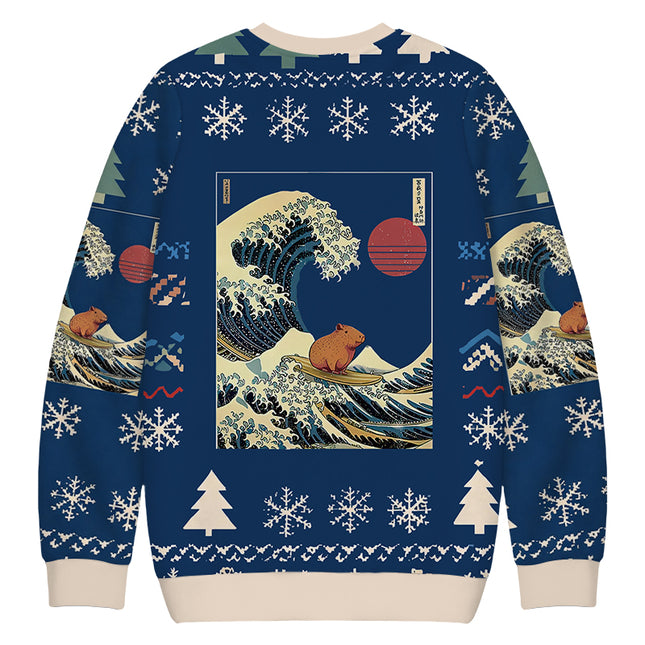 Uglysweatershops Capybara Surfing Christmas Ugly Sweatshirt