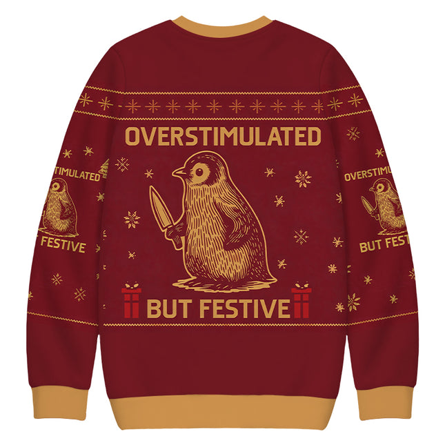 Uglysweatershops Penguin Overstimulated but Festive Christmas Ugly Sweatshirt