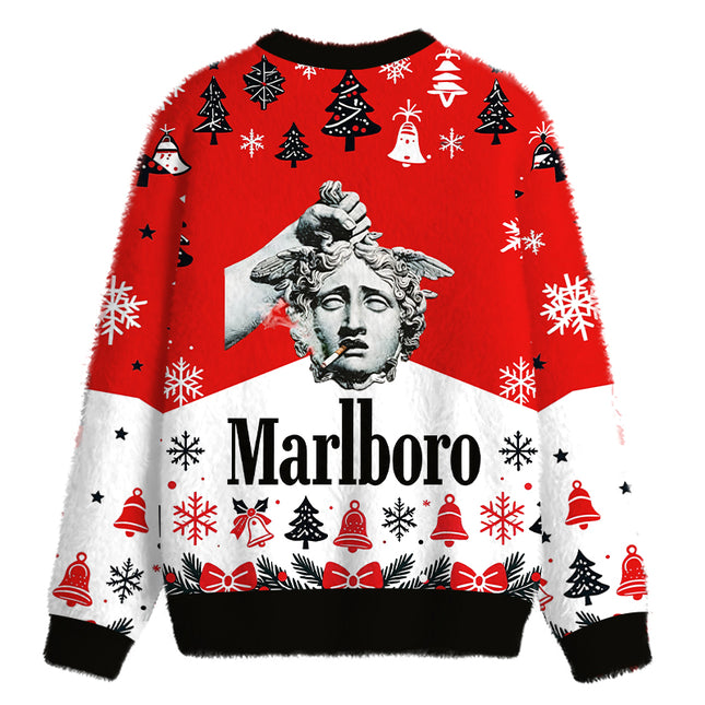 Uglysweatershops Holding Head of Medusa Smoking Fuzzy Christmas Ugly Sweatshirt