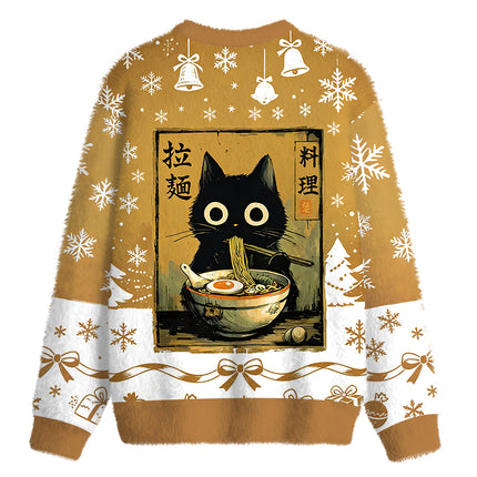 Uglysweatershops Cute Black Cat Eating Ramen Fuzzy Christmas Ugly Sweatshirt