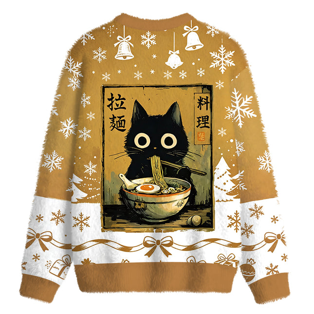 Uglysweatershops Cute Black Cat Eating Ramen Fuzzy Christmas Ugly Sweatshirt