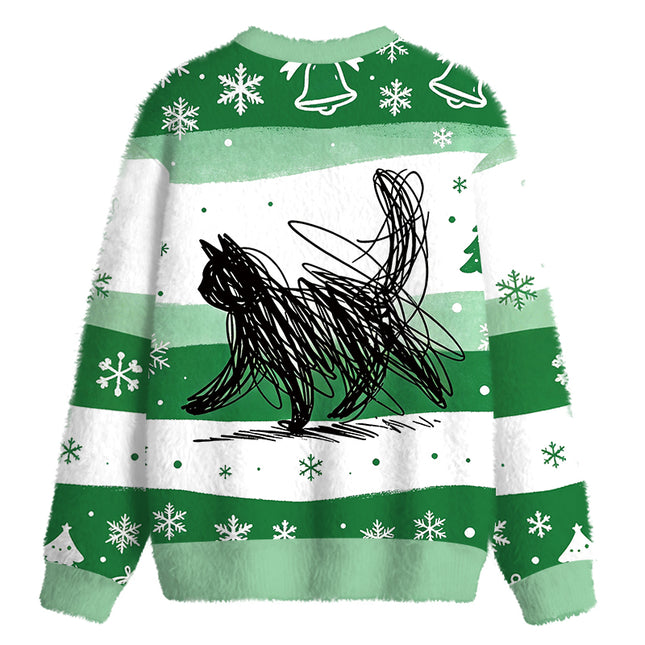 Uglysweatershops Minimalist Cat Art Fuzzy Christmas Ugly Sweatshirt