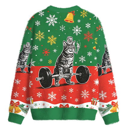 Uglysweatershops Funny Deadlift Cat Fuzzy Christmas Ugly Sweatshirt