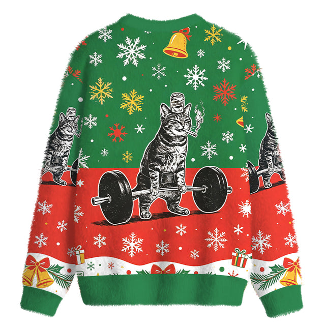 Uglysweatershops Funny Deadlift Cat Fuzzy Christmas Ugly Sweatshirt