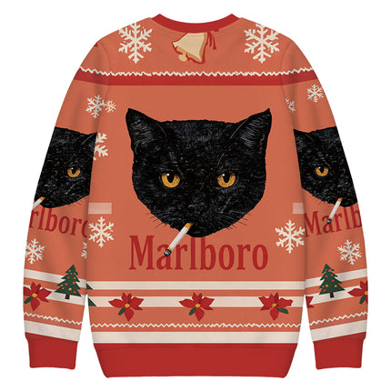 Uglysweatershops Smoking Black Cat Vintage Christmas Ugly Sweatshirt