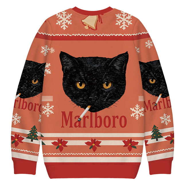 Uglysweatershops Smoking Black Cat Vintage Christmas Ugly Sweatshirt