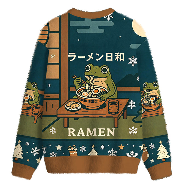 Uglysweatershops Japanese Frog Eating Ramen Fuzzy Christmas Ugly Sweatshirt