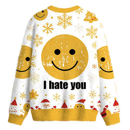 Uglysweatershops I Hate You Smiley Face Fuzzy Christmas Ugly Sweatshirt