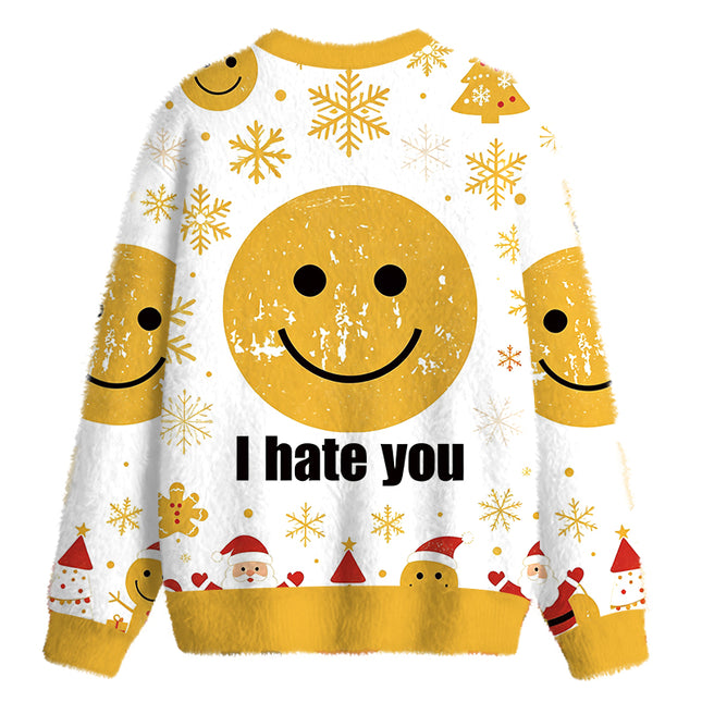 Uglysweatershops I Hate You Smiley Face Fuzzy Christmas Ugly Sweatshirt