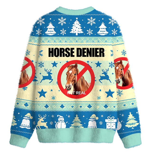 Uglysweatershops Horse Denier Funny Horses Fuzzy Christmas Ugly Sweatshirt